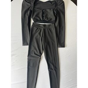 Black Pin Strip Suit Y2K Style Puffy Sleeves Mid Length Top Great For Edgy Prep